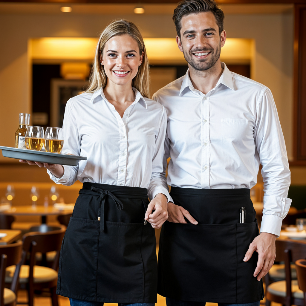 Professionele horeca sloof in actie – stijlvolle en praktische bescherming voor kelners, obers en barpersoneel. Gemaakt van duurzaam, vlekbestendig materiaal voor een verzorgde uitstraling in restaurants en cafés