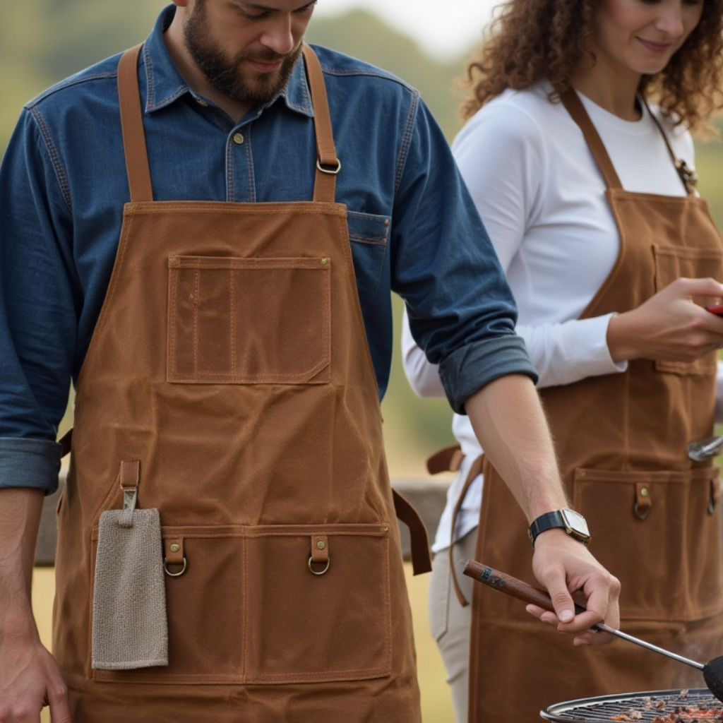 Verschil tussen een leren schort en een waxed canvas schort. Vergelijking op basis van comfort, duurzaamheid en onderhoud voor werk en BBQ.