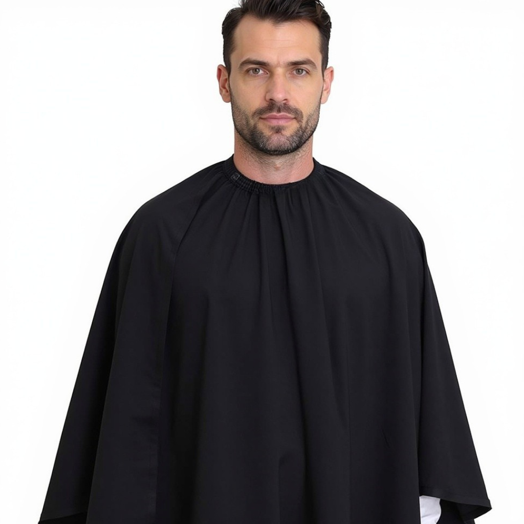 Verschil tussen een kappersschort en een kapmantel. Kappersschort voor de kapper, kapmantel voor de klant. Professionele kwaliteit van Viamart.