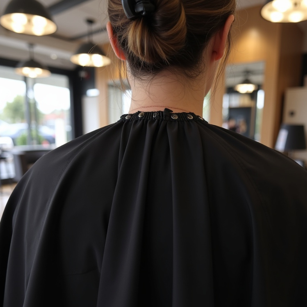 Professionele kapmantel van Viamart. Unisex kappersschort met elastische pasvorm, knoop- en haaksluiting. Duurzaam en comfortabel voor kappers en barbiers.