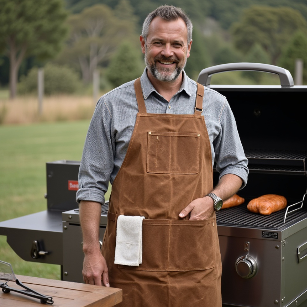 Professioneel waxed canvas BBQ schort, water- en vetafstotend. Ideaal voor grillmasters en barbecueliefhebbers. Ruime zakken en verstelbare pasvorm.